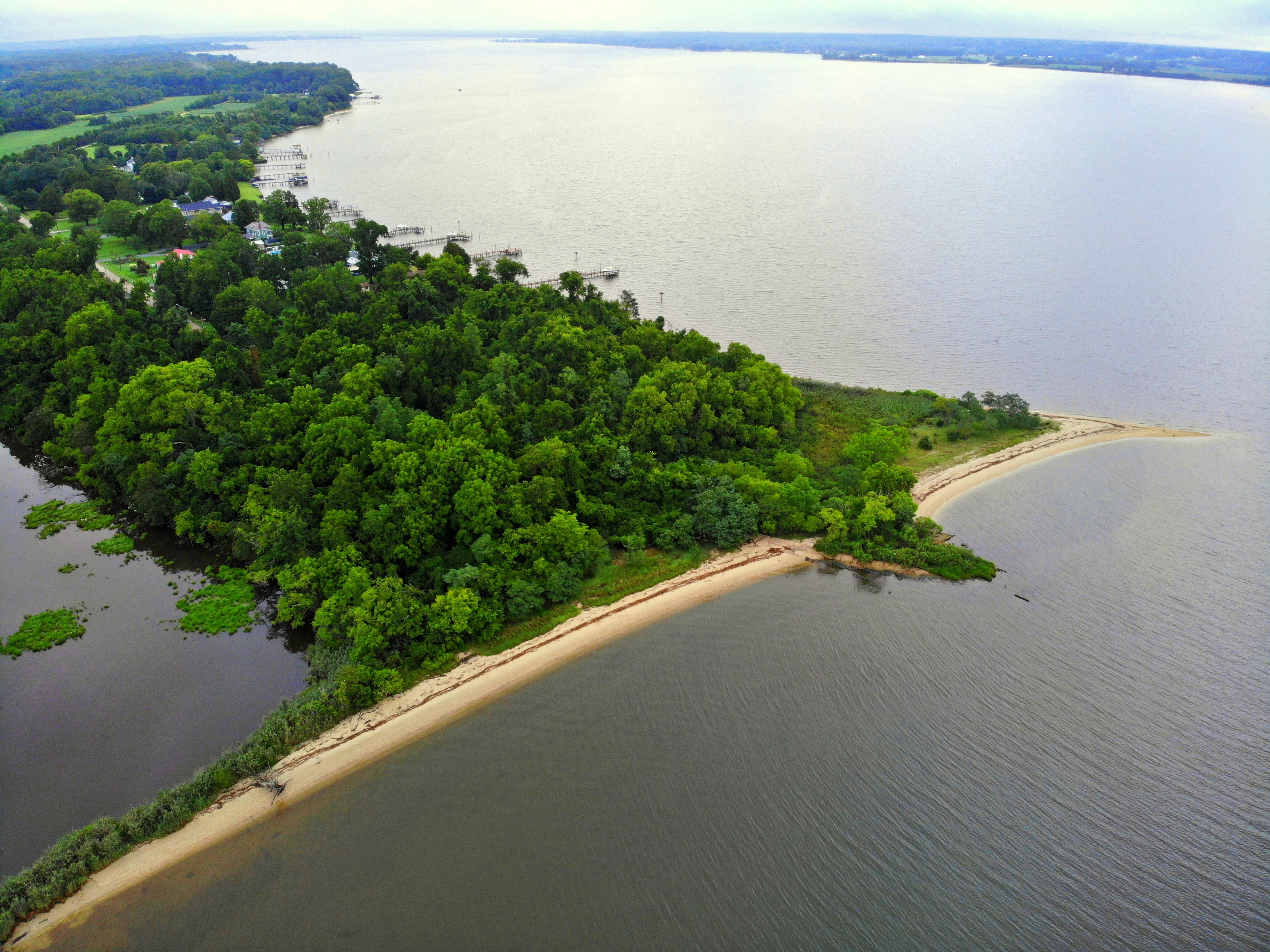 Aerial view of tree covered land next to Chesapeake Bay 