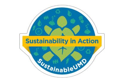 Sustainability Badge logo with a green turtle, yellow banner that says "Sustainability in Action" and small icons in a blue circle