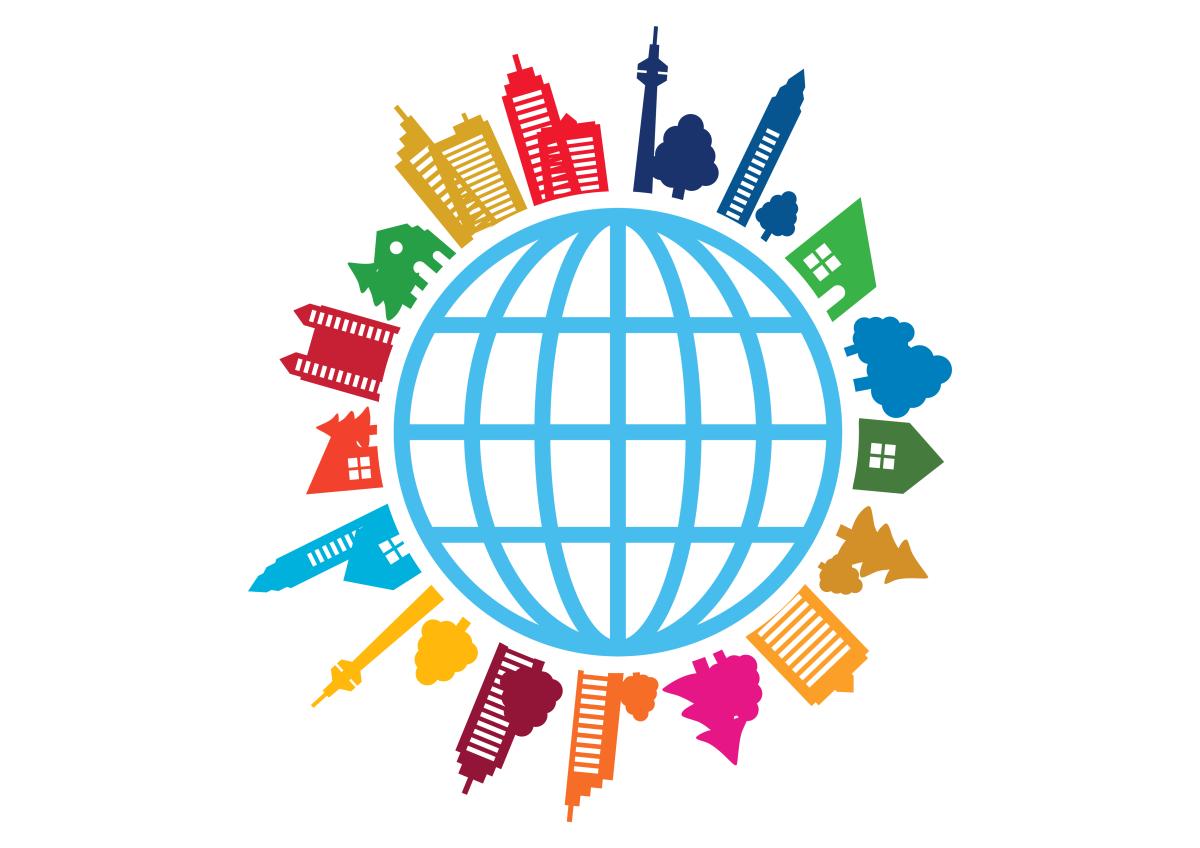 Illustration of a globe with buildings surrounding its perimeter in the United Nations SDG Colors
