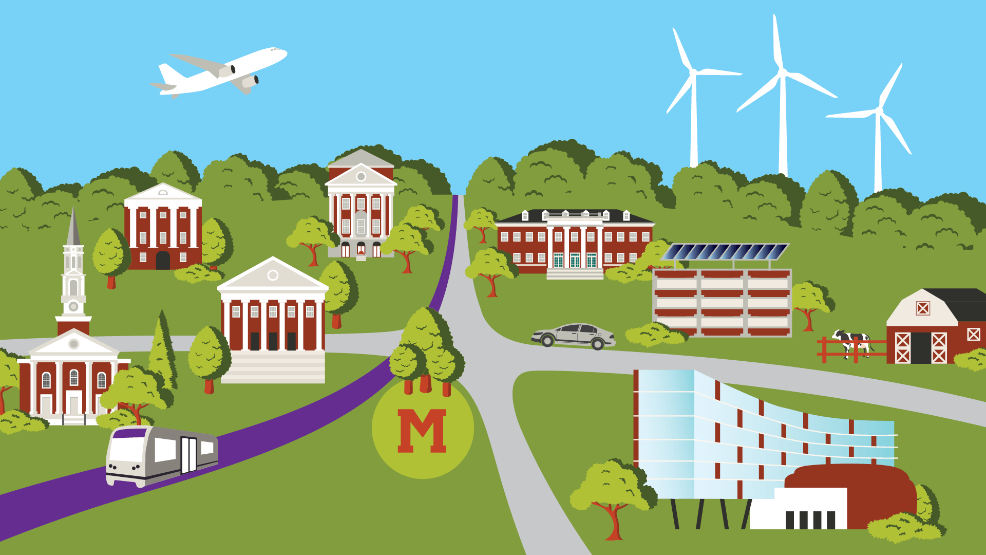  Measures designed to move UMD toward eventual carbon neutrality in 2050 are taking effect all over campus. (Illustrations by Matt Laumann)