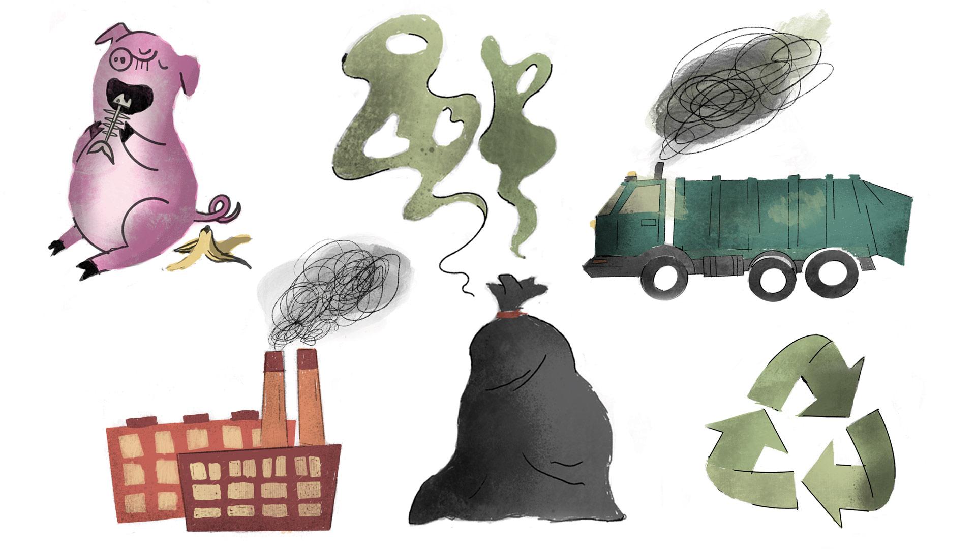 Illustrated images of the waste system including garbage trucks and trash bags. Illustration credits: Jason Keisling.