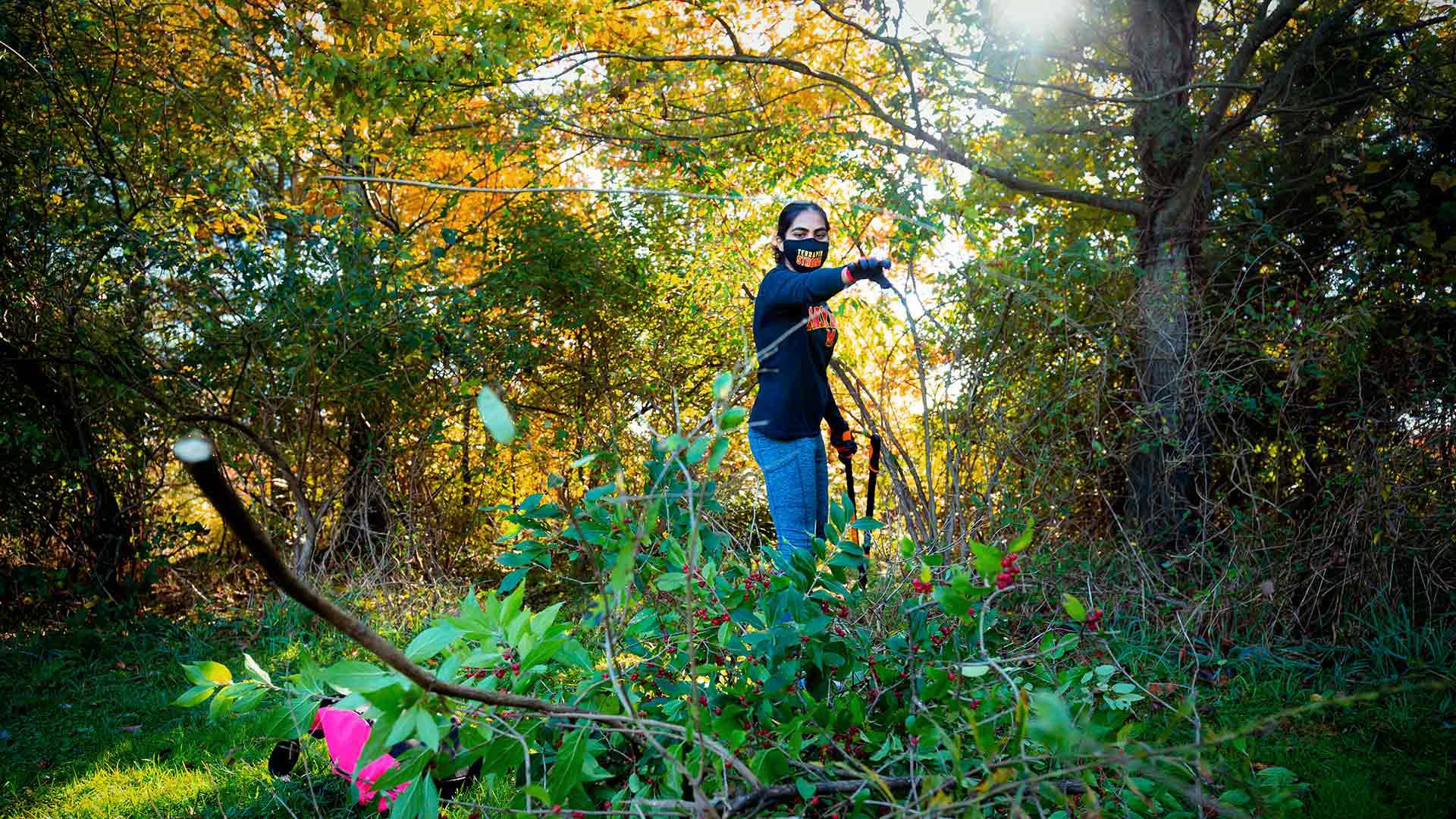  Neha Katanguri, a freshman from Glenelg, Md., piles up invasive plants she’s pulled out while volunteering at Lake Artemesia for Good Neighbor Day on Saturday. She was among 373 participants in virtual and in-person events on the ninth annual day of volunteer service. (Photos by Stephanie S. Cordle)