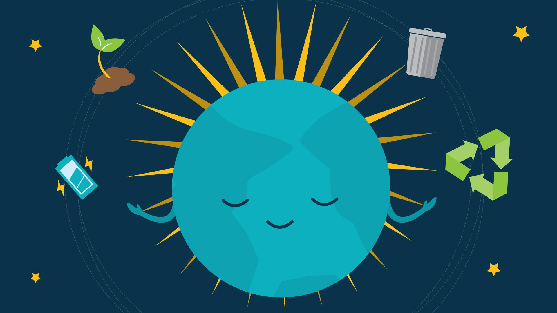 Illustrated image of the earth surrounded by reuse, reduce, compost, and landfill icons