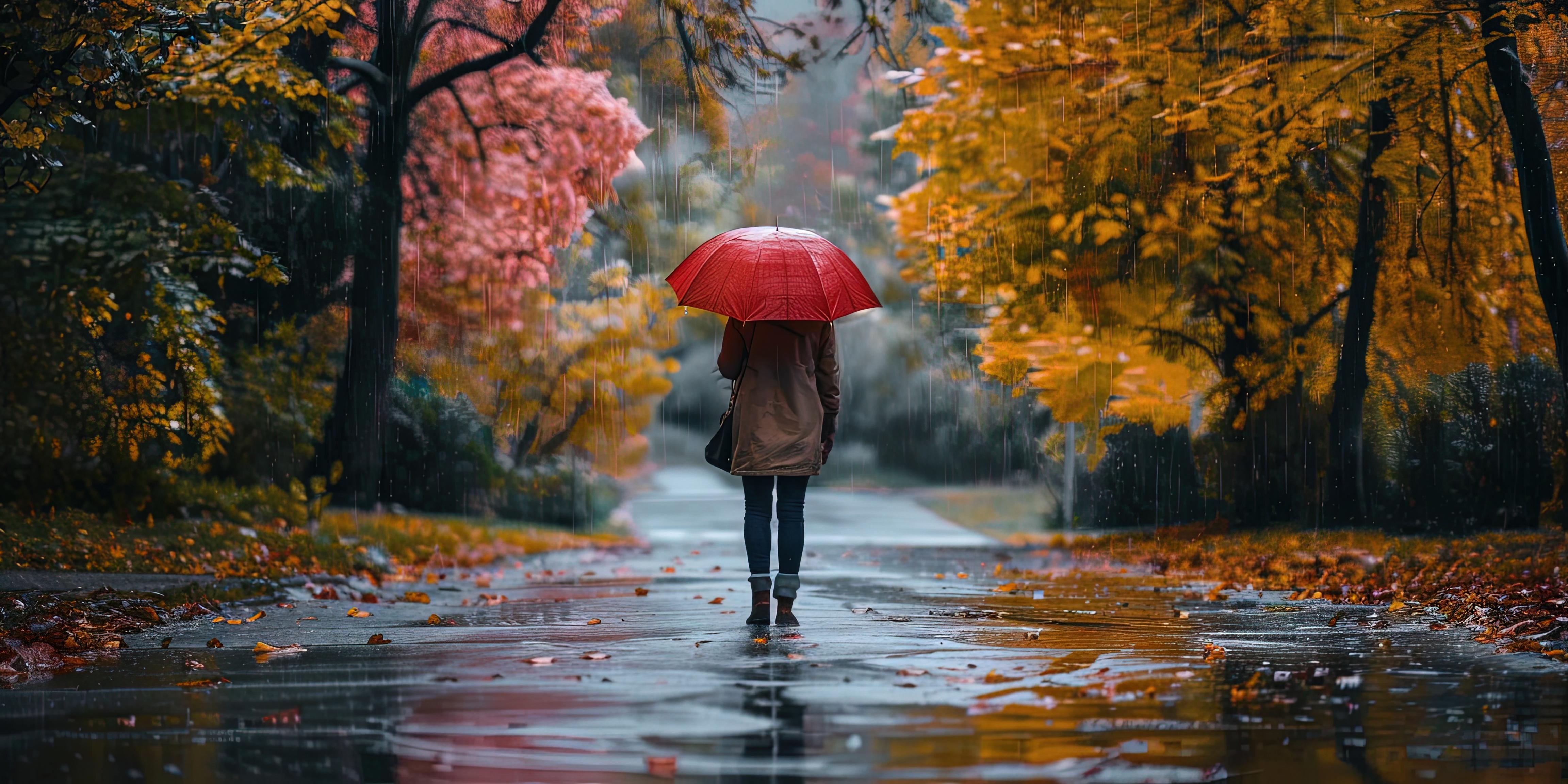 Person with red umbrella walking a rainy pathway