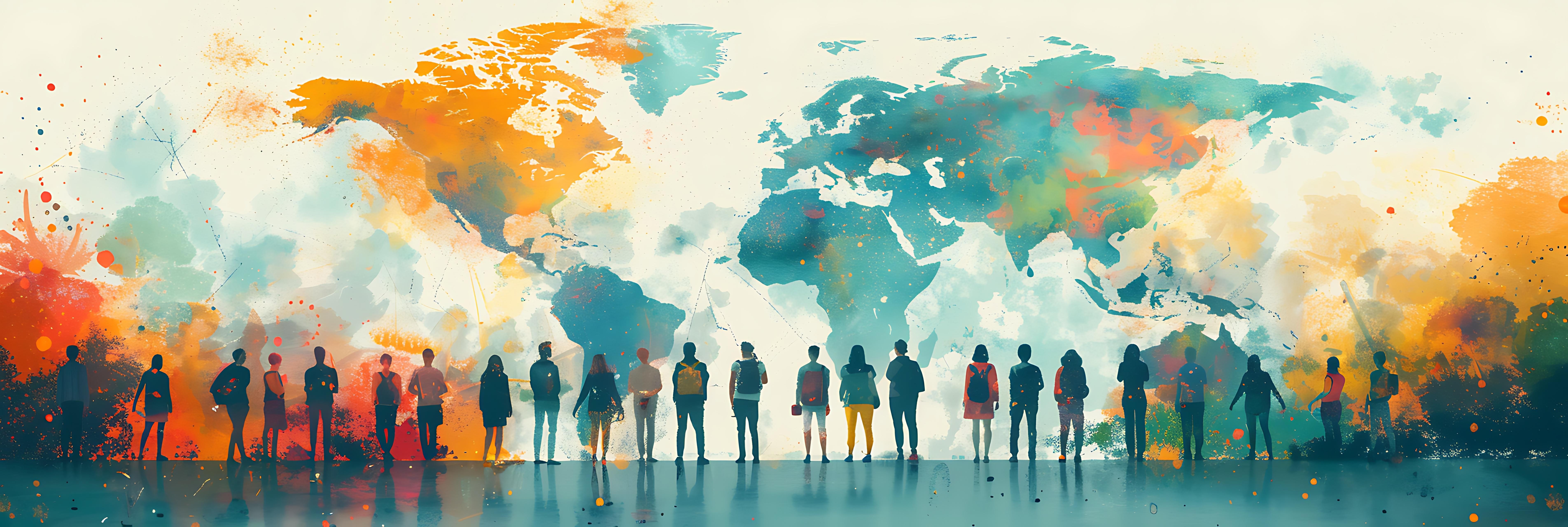 Illustration of a line of 20 people looking up at a map of the world