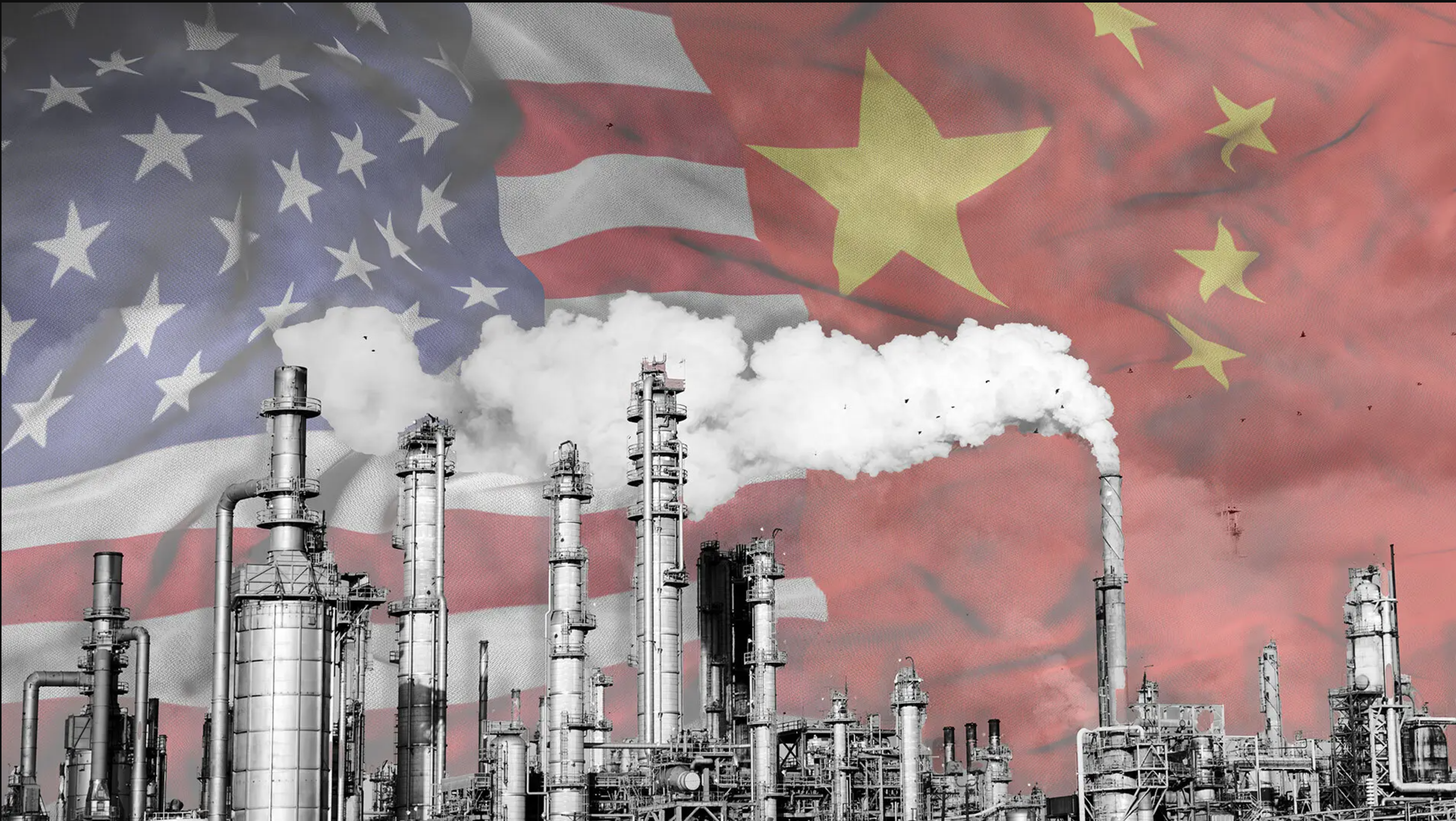 smoke stacks with American and Chinese flags in background