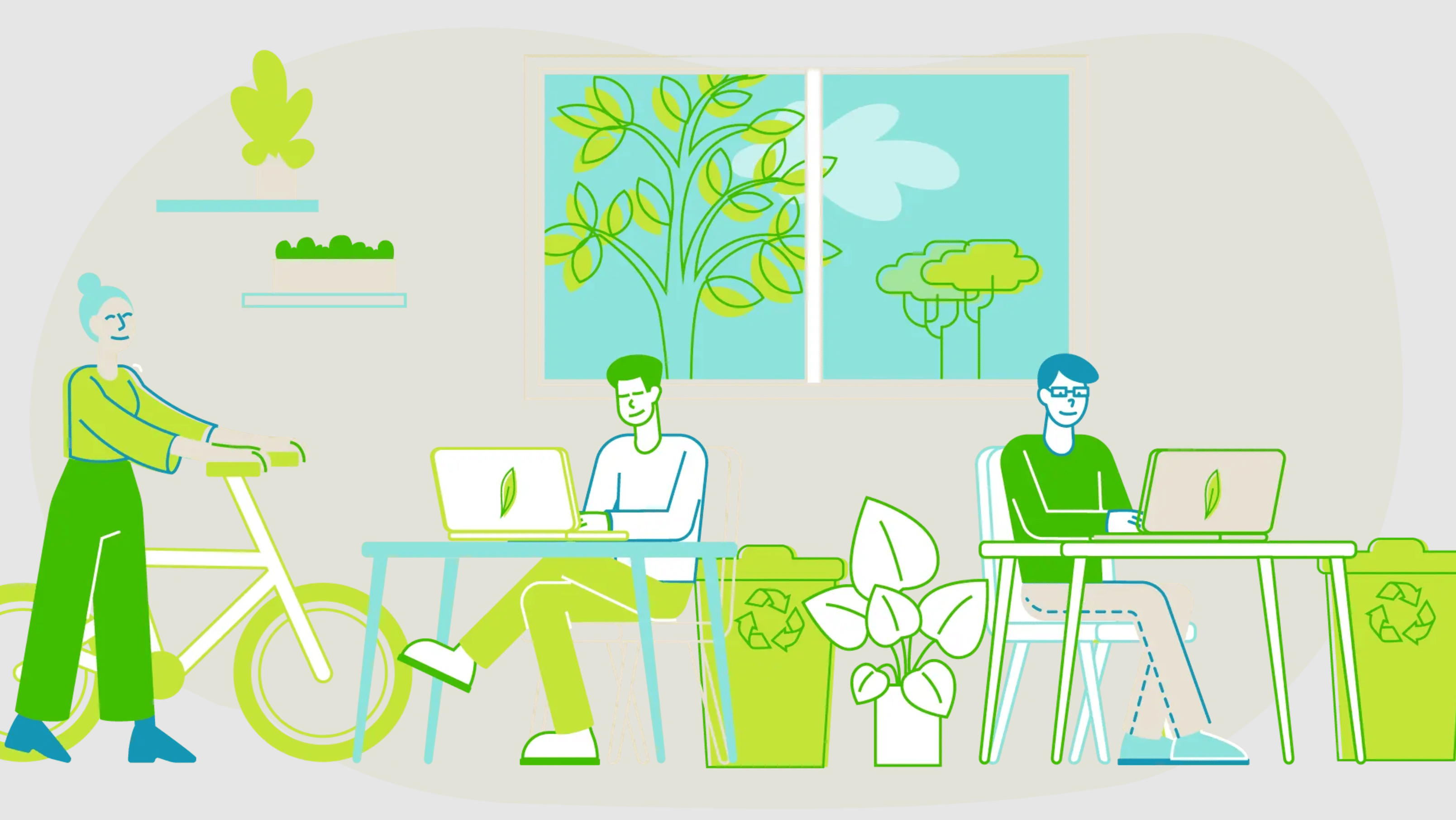 two people work on laptops near plants and recycling bins; one person walks with bike