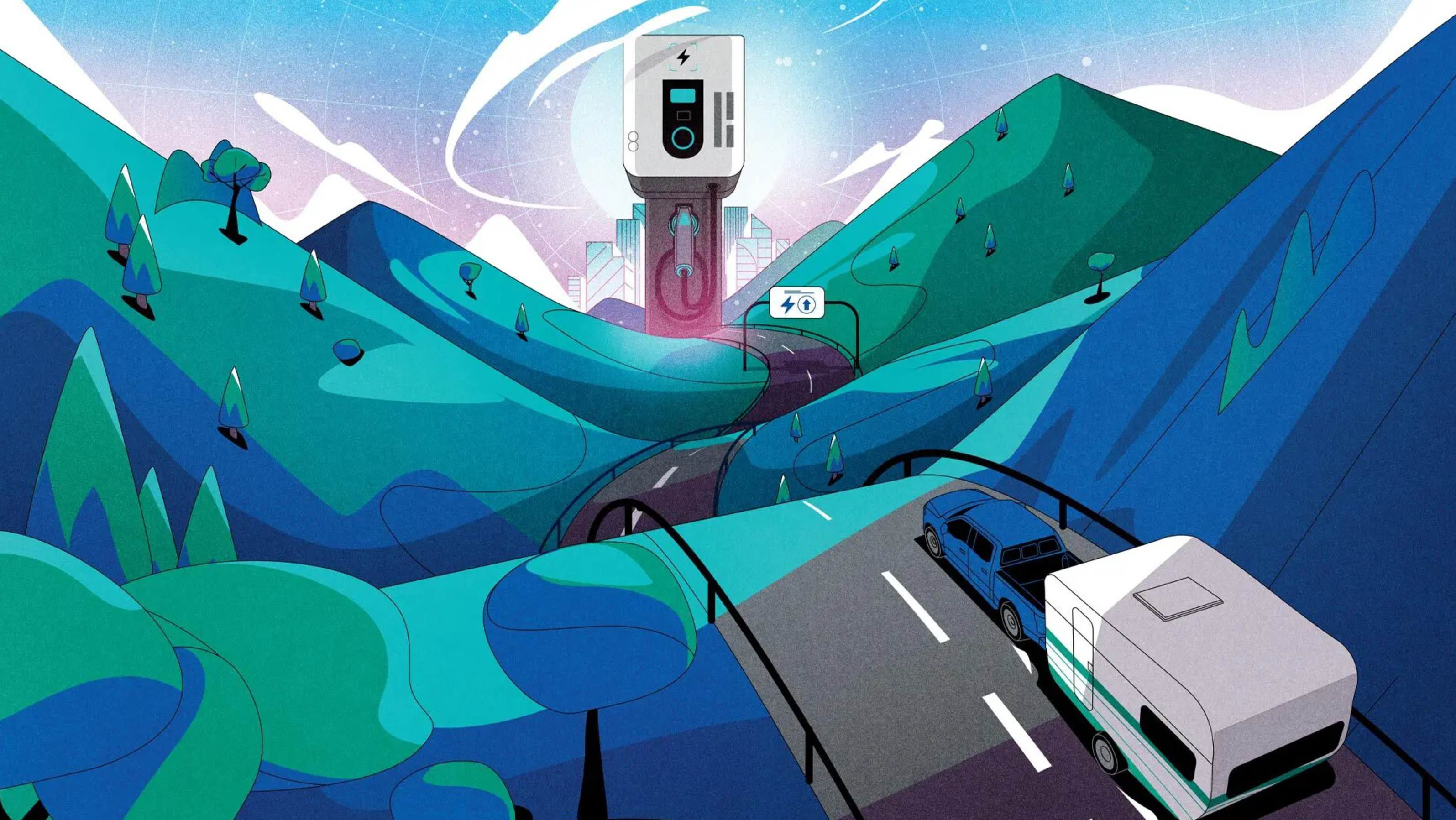 pickup truck pulling trailer on road through mountains, toward large EV charging station