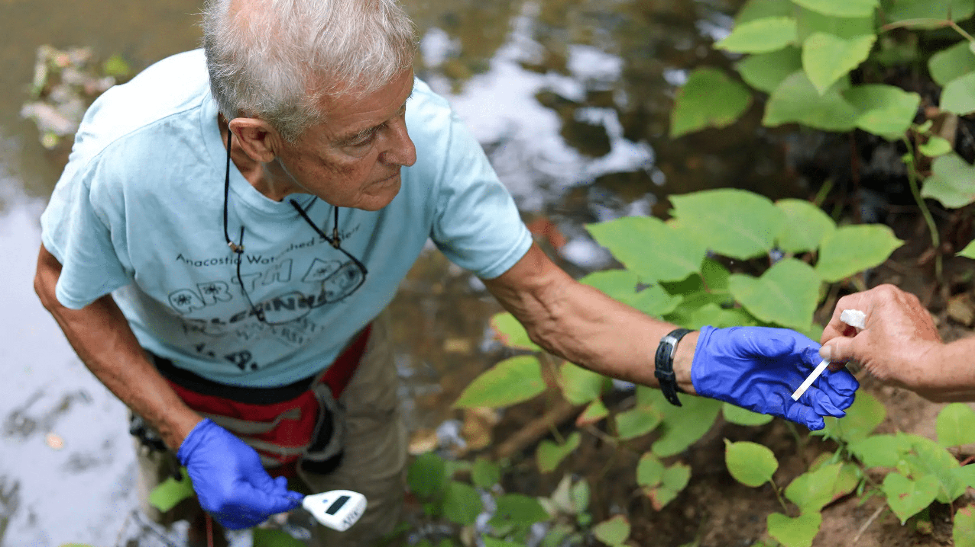 researcher tests water in river