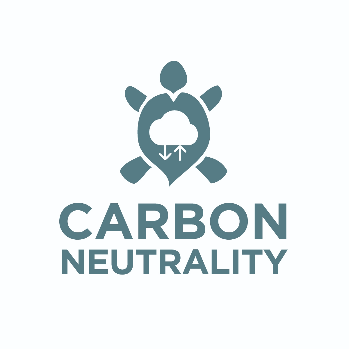 Blue leaf turtle with illustration for carbon neutrality (cloud with arrows pointing up and down beneath it)