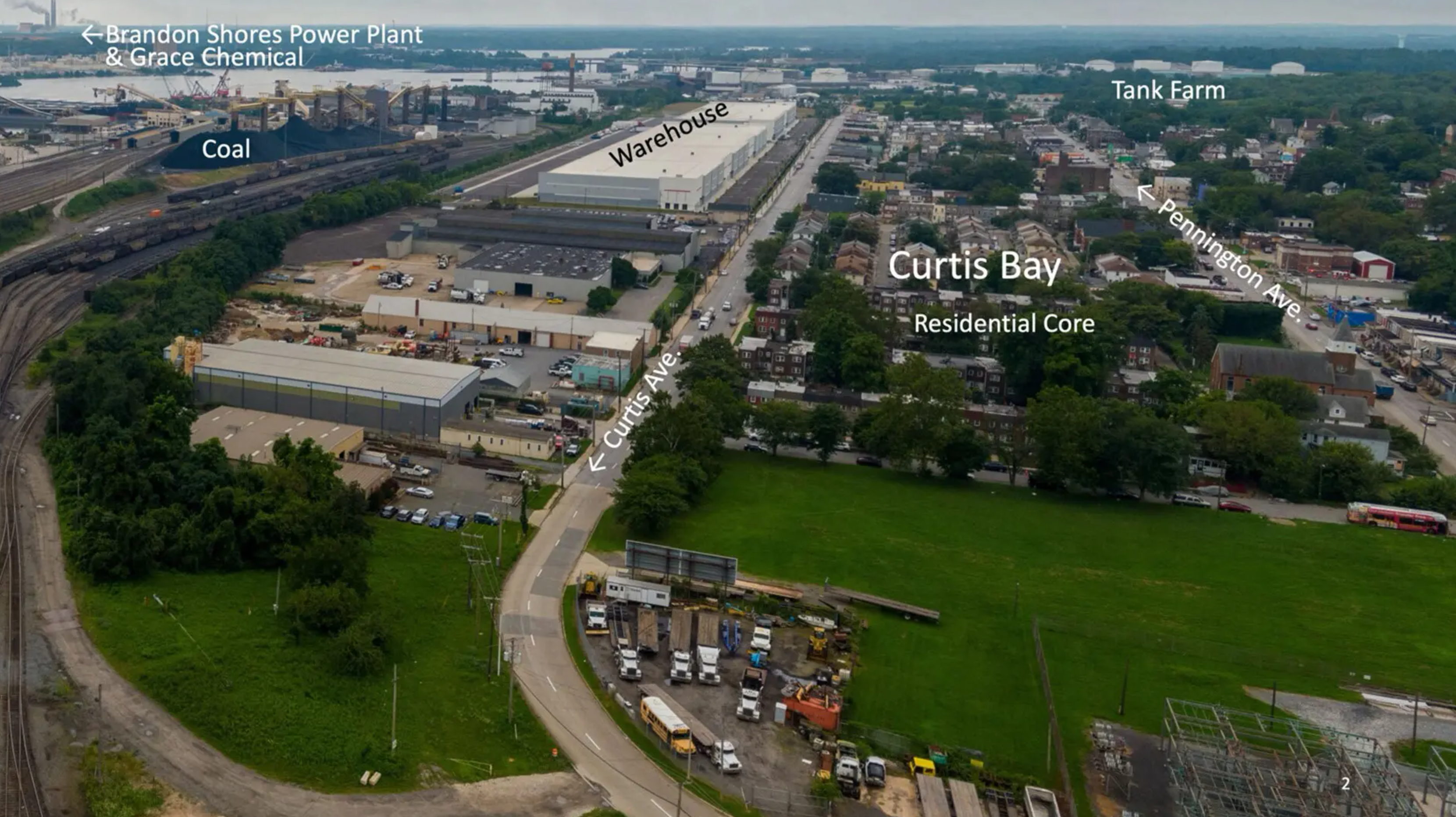 The homes in Baltimore's Curtis Bay neighborhood are surrounded by heavy traffic, a landfill, rail yards and a coal pier, among other industrial sites.