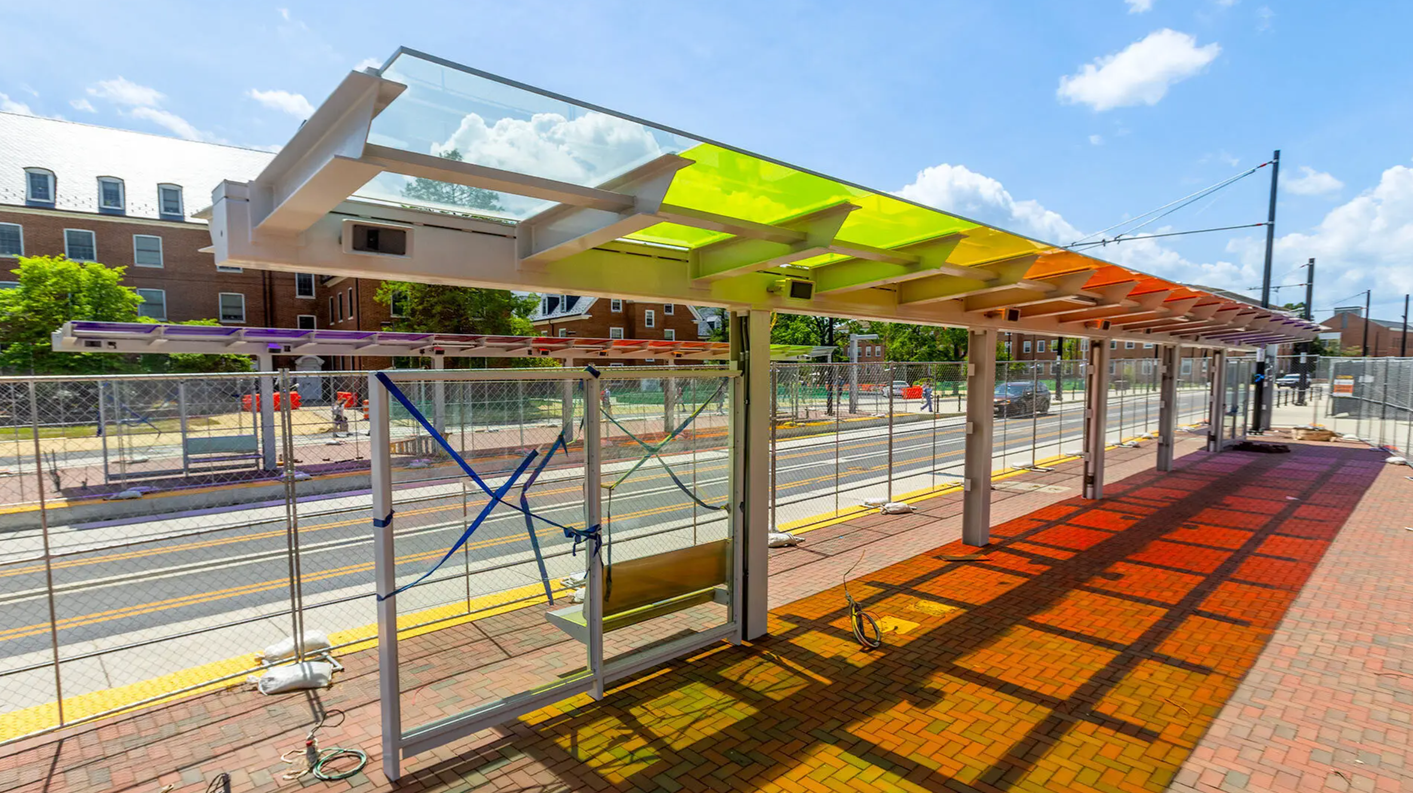 The Purple Line station on Campus Drive features “Chromazone,” a canopy of colored glass ranging from UMD colors red and yellow to the purple of the Purple Line.