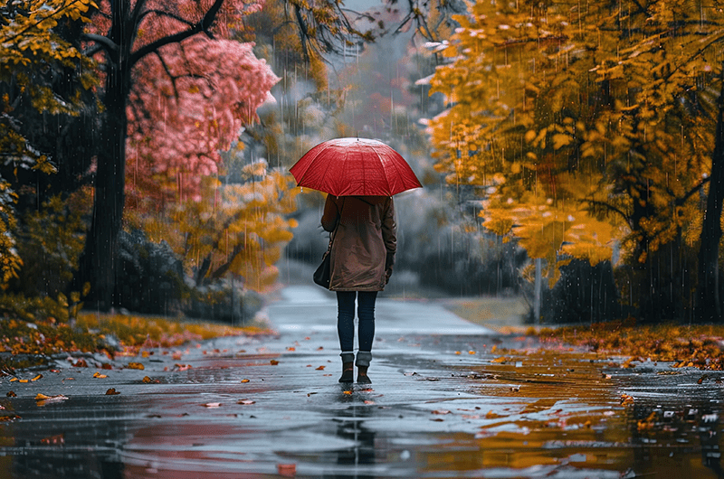 Walking in rain during fall