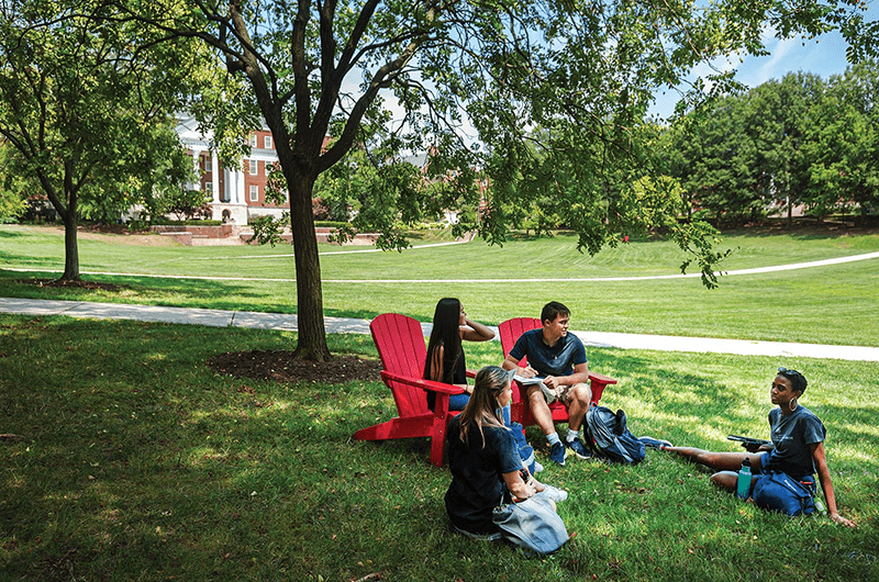 Students sitting on Mickeldin Mall
