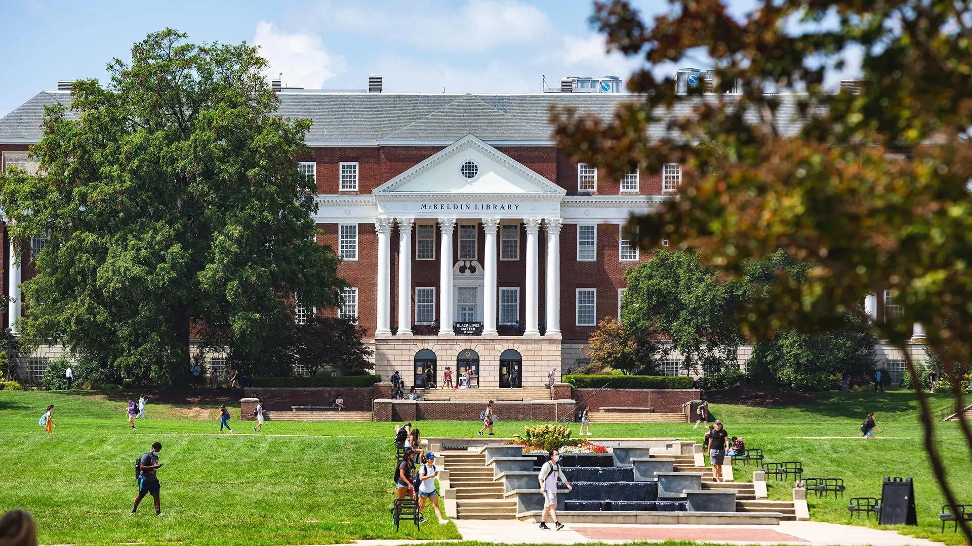 View of McKeldin Library from across McKeldin Mall.