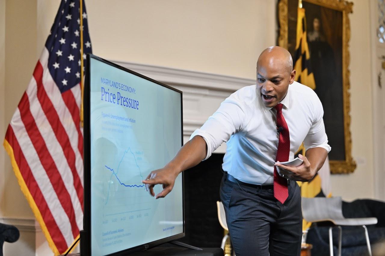 Governor Moore Pointing to State Plan Presentation