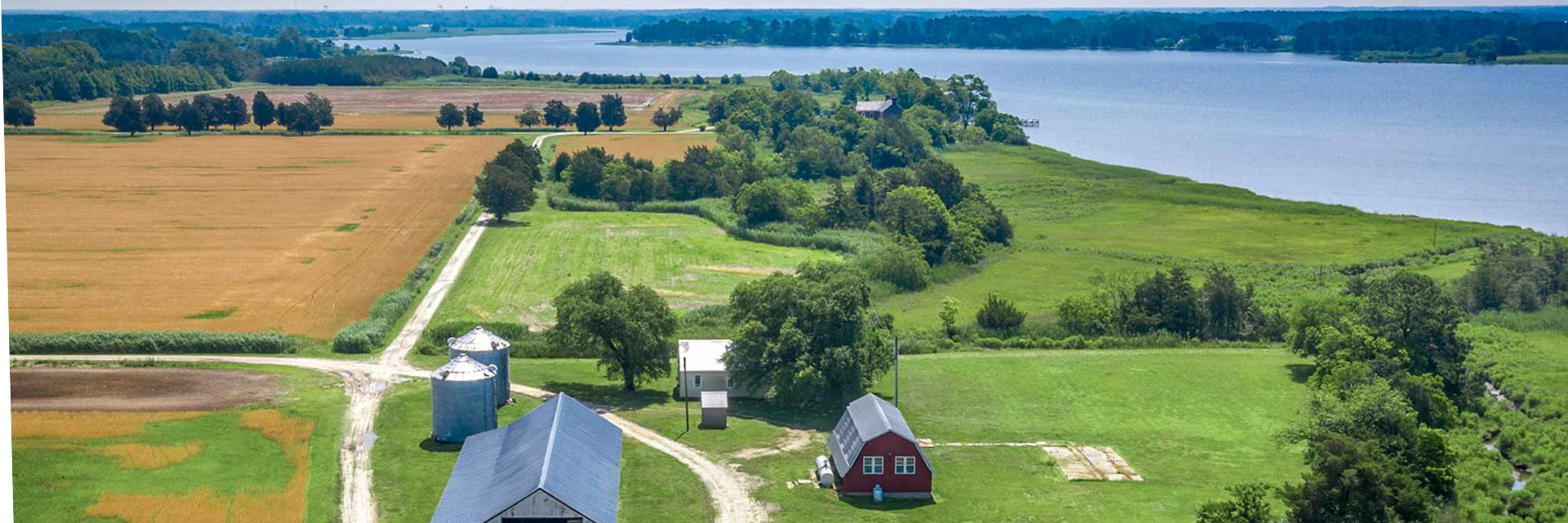 Aerial view of Maryland famland on the edge of a large waterway.