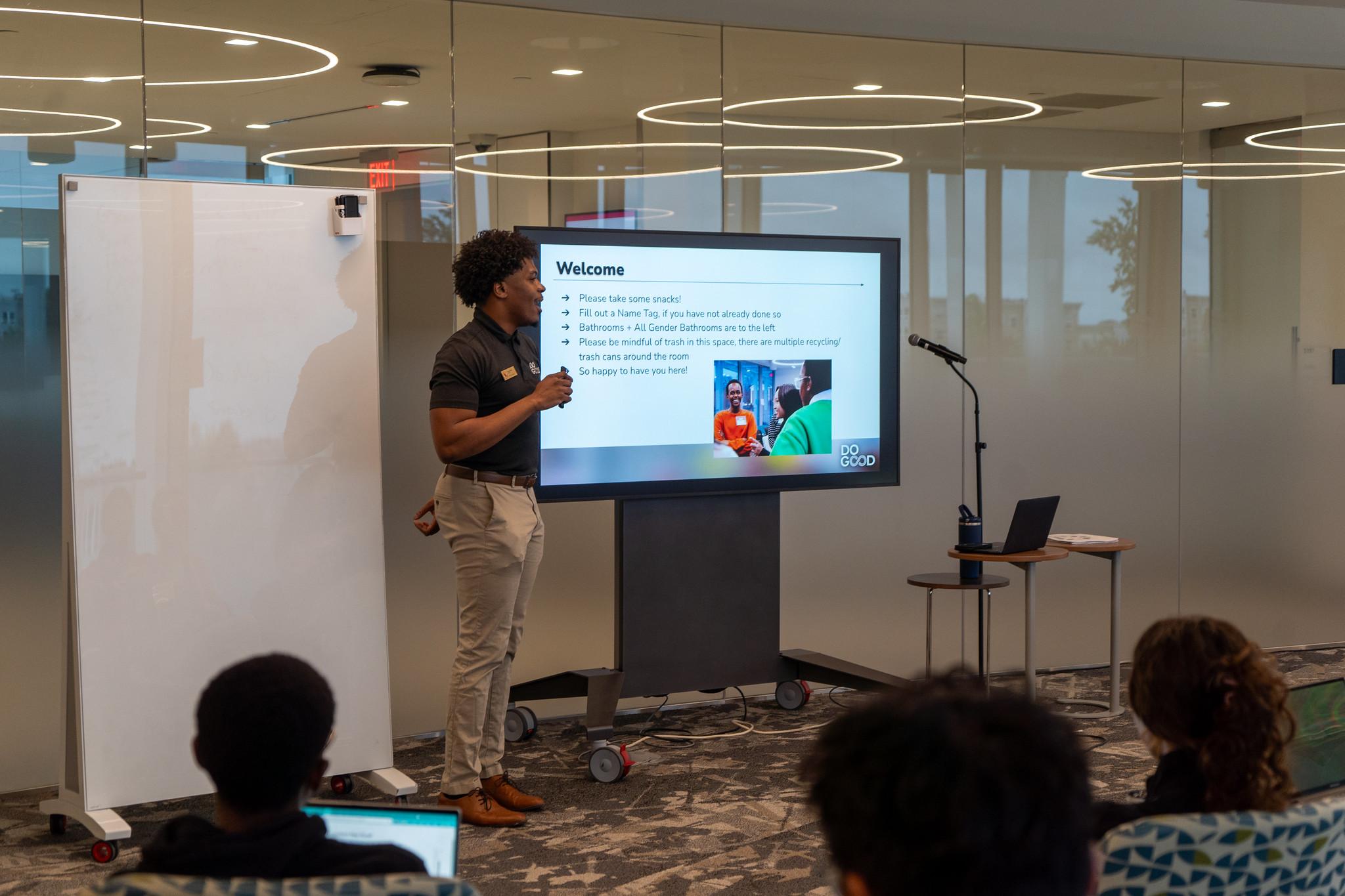 Tyrese Fenty presents to his team at the Do Good Insitute.