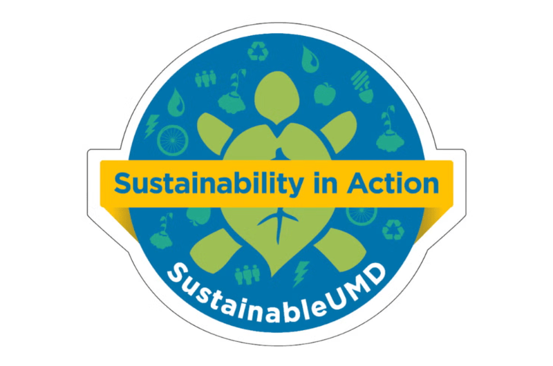 Sustainability Badge logo with a green turtle, yellow banner that says "Sustainability in Action" and small icons in a blue circle