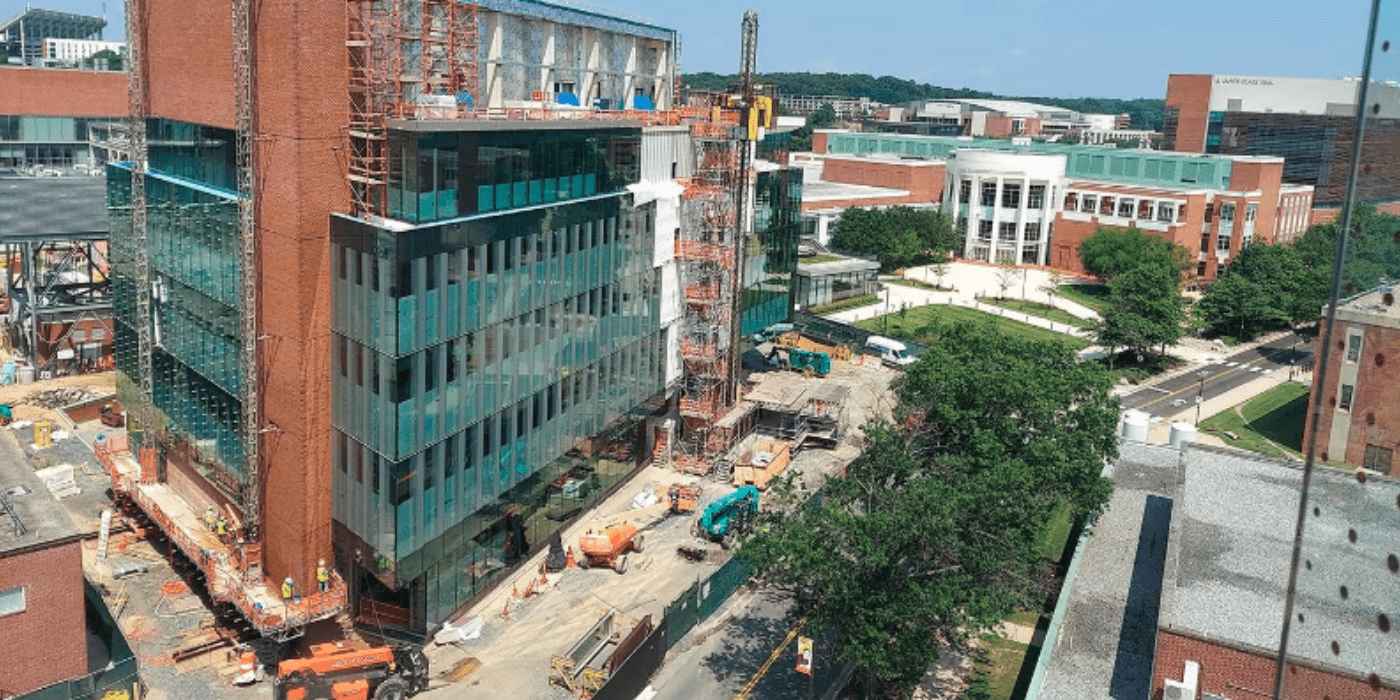 Aerial view of a building under construction at the heart of UMD's campus