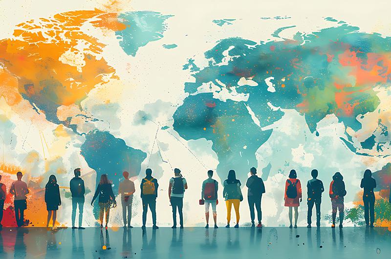 people in front of earth map