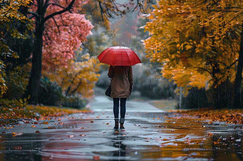 Walking in rain during fall