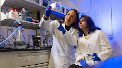 Two researchers in lab coats examining a sample in a laboratory.