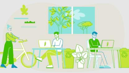 Illustration of people working on laptops in a green-themed workspace with plants, recycling bins, and a bicycle.
