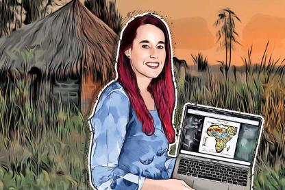 Illustration of a researcher using a laptop to analyze satellite data for drought prediction in a rural landscape.