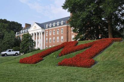 Red “M” flower bed on the University of Maryland campus lawn in front of a brick academic building.