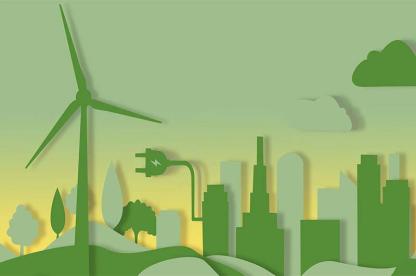 Illustration of wind turbines and a city skyline representing clean energy and reduced greenhouse gas emissions.