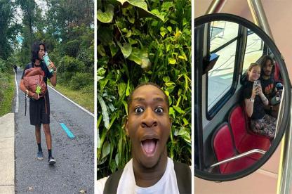 Three photos showing students traveling: walking along a road, a close-up selfie outdoors, and a reflection of a passenger riding in a vehicle mirror.