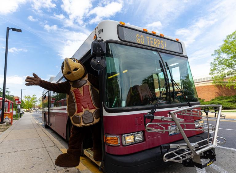 Testudo stand out of UMD Shuttle-UM bus